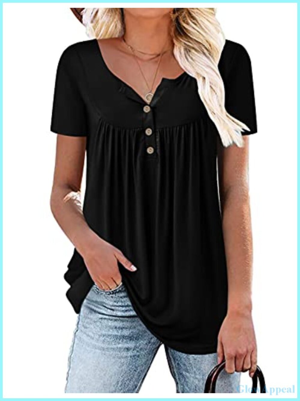 Women's V-Neck Button Down Blouse - Short Sleeve Flowy Tunic